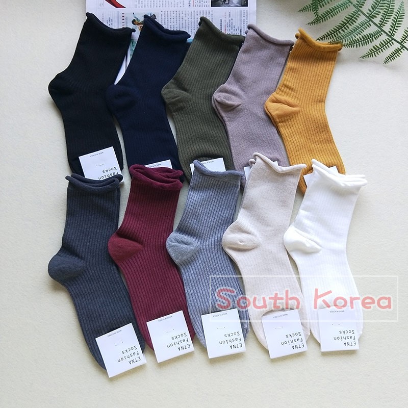 etna韩国进口卷边螺纹棉中筒袜