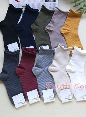 闹闹！韩国进口ETNA中筒袜女卷边纯色螺纹棉袜子黑色ins潮春秋款