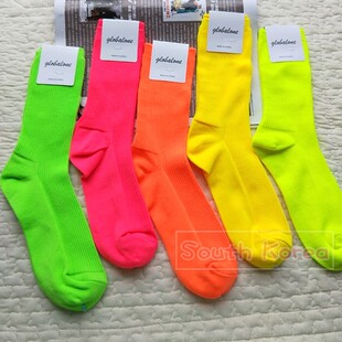 荧光绿袜子女中长筒袜韩国进口GLALALANE棉袜螺纹糖果色堆堆袜ins