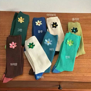 现货MARIAN花朵刺绣中筒袜女韩国东大门螺纹网红潮袜袜子四季款