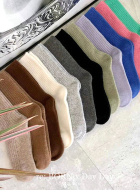 reBORN韩国进口羊毛螺纹中筒袜女纯色网红潮流袜子秋冬款加厚外穿