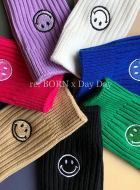 MARCA中筒袜女韩国东大门刺绣笑脸螺纹糖果色潮流网红外穿堆堆袜