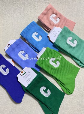 MARCA字母C中筒袜女韩国代购纯色夏季薄款潮袜ins蓝色绿色女袜子