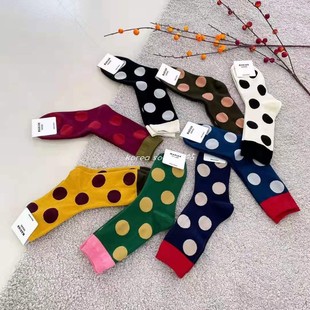 MARIAN韩国东大门大波点袜子女堆堆袜拼色网红款黑色日系中长筒袜