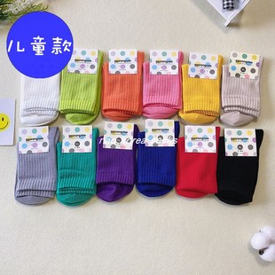 韩国儿童袜子东大门宝宝纯色螺纹男女童中筒袜可爱糖果色棉袜春秋