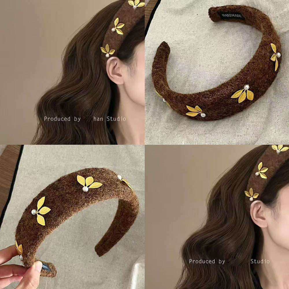 秋冬轻奢毛呢宽边发箍女秋冬金叶珍珠装饰百搭美拉德头箍高级感