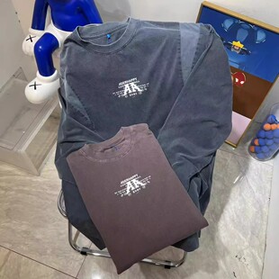 T恤女休闲重磅纯棉上衣男情侣款 秋冬季 潮水洗渐染字母印花长袖