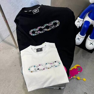 GOODBRAND短袖t恤立体嵌仿宝石贴钻字母潮牌宽松休闲重磅纯棉半袖
