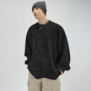 HAMB原创 2026春季新品做旧破坏圆领长袖T恤男美式宽松休闲潮牌