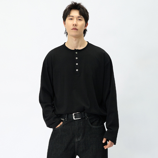HAMB 2026春新品透气亲肤舒适松弛老钱亨利领纯色长袖T恤男休闲