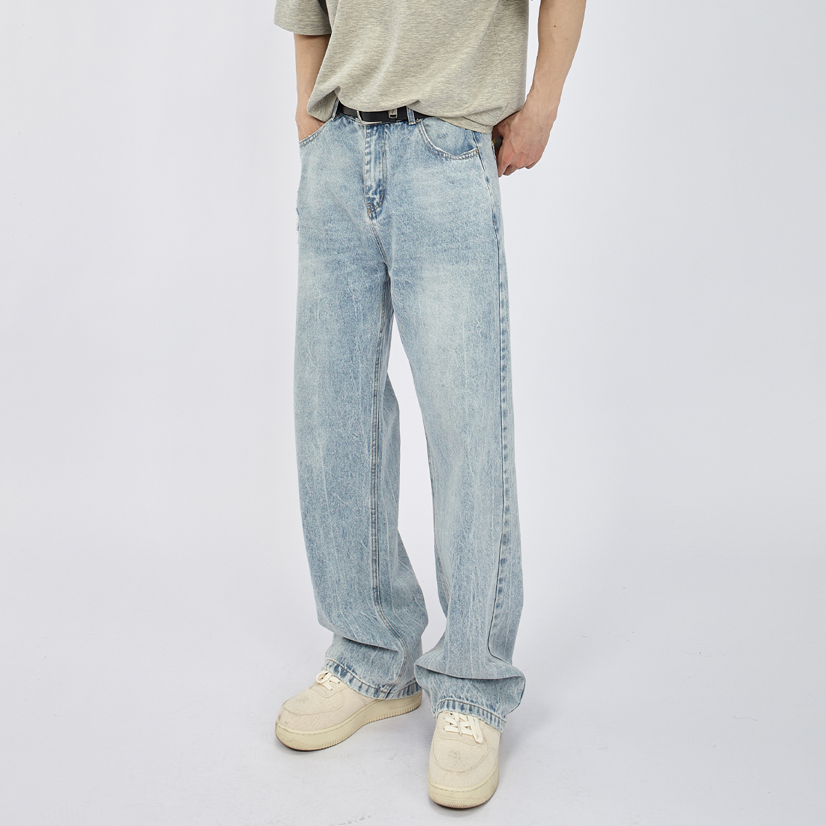 HAMB原创春季冰蓝复古牛仔长裤