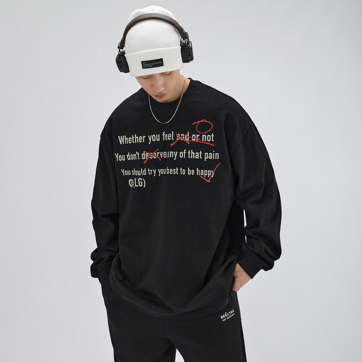 HAMB原创美式复古长袖印花T恤潮