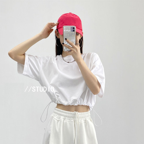 短款抽绳露脐短袖T恤女潮
