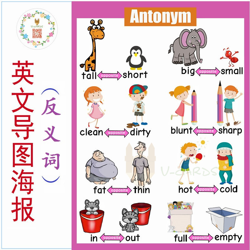 反义词闪卡海报启蒙双语幼儿园