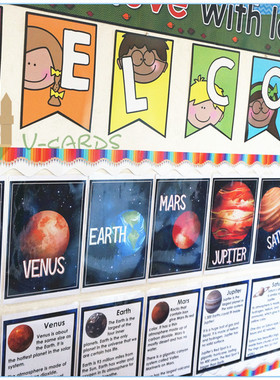 新太空英文海报space教室背景墙布置幼儿园早教太阳系主题贴画