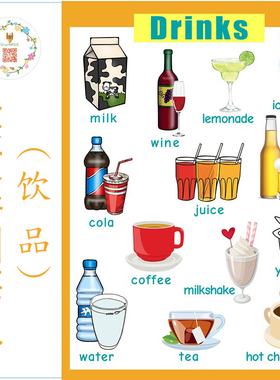 英文导图海报塑封drink饮品主题教具大闪卡教室装修装饰早教定制