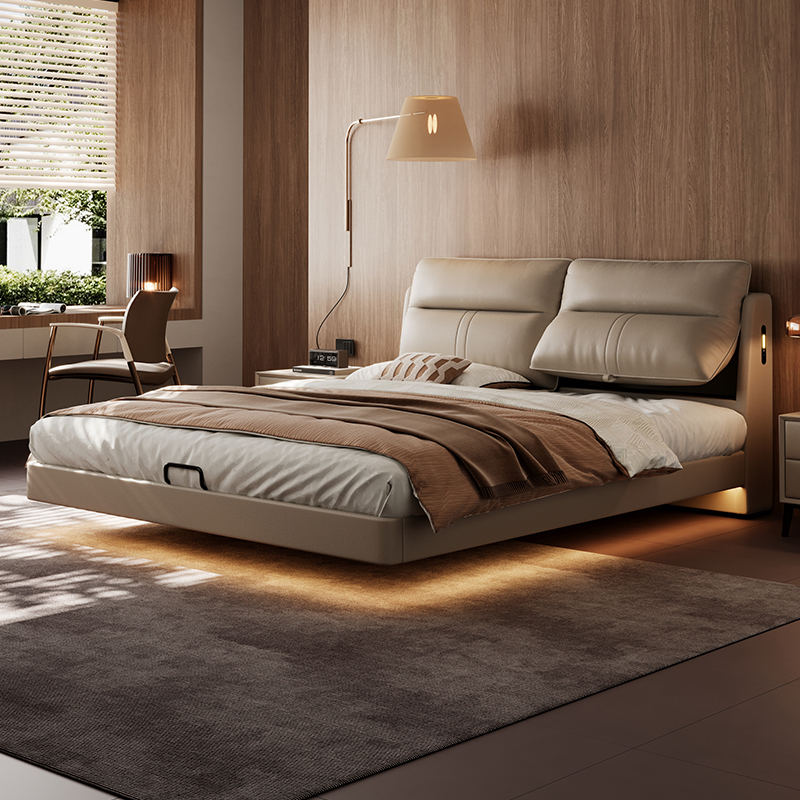 政府补贴意式极简真皮悬浮床2米x2米2主卧室大床软包双人多功能床