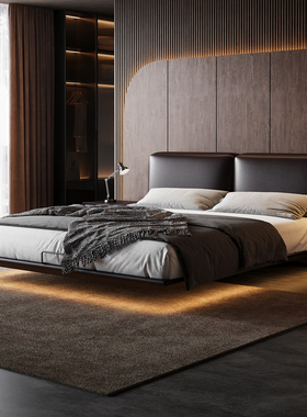 政府补贴意式极简真皮床悬浮床2米x2米2大黑牛双人软包主卧室大床