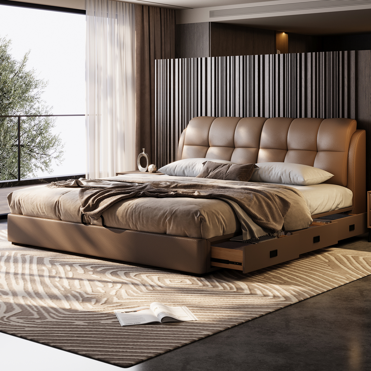 意式极简主卧室大床真皮床