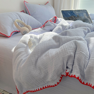 A类母婴级100纯棉皱皱纱四件套高级感床单被套三件套床笠款主卧室