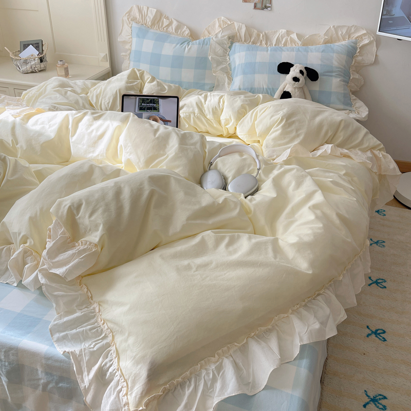 韩式公主风100纯棉水洗棉四件套全棉床单被套少女心床上用品床笠4