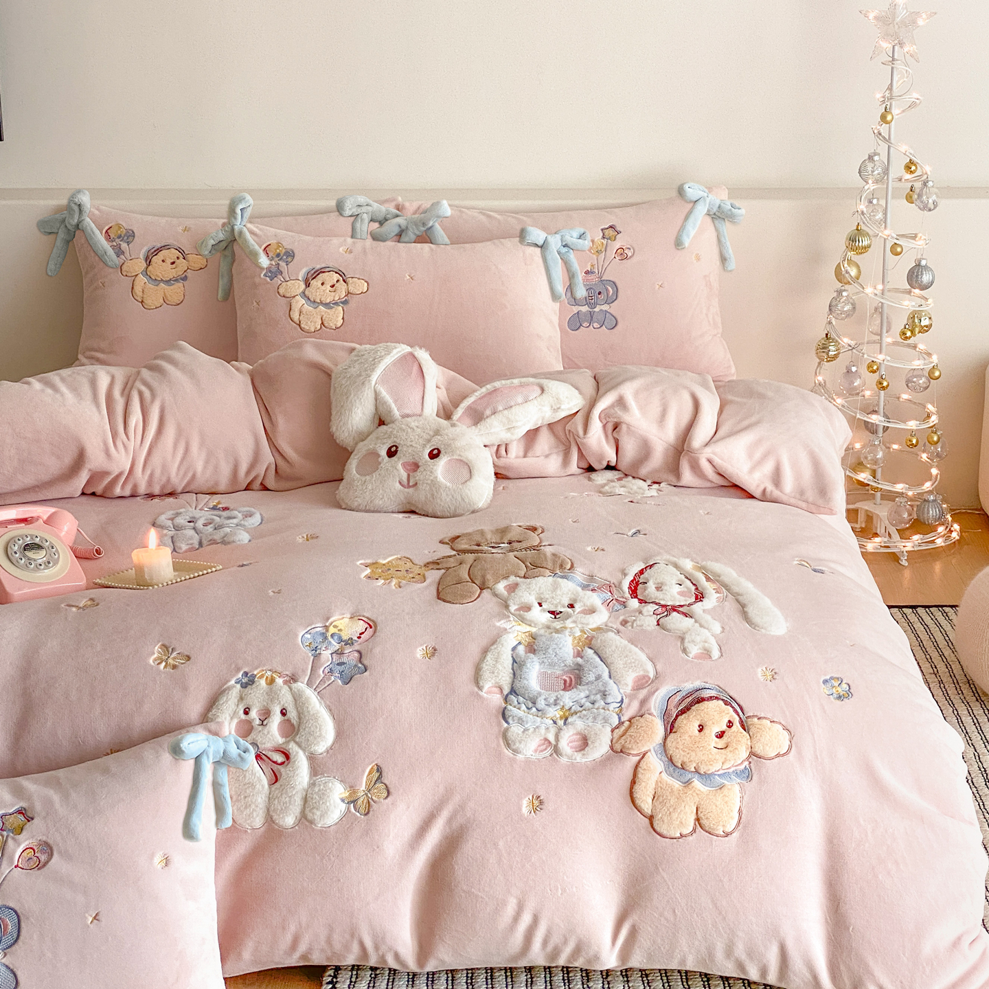 可爱加厚牛奶绒四件套冬季少女心卡通被套床单人三件套儿童宝宝绒