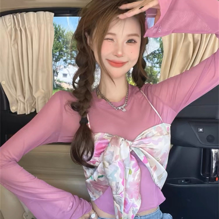 韩国小个子气质甜妹碎花缎面吊带