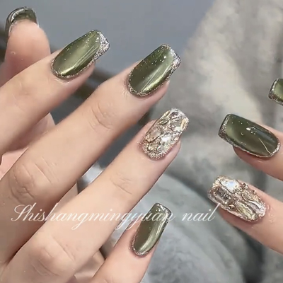中方草绿猫眼闪钻纯手工定穿戴甲成品假指甲贴片拆卸美甲成品显白