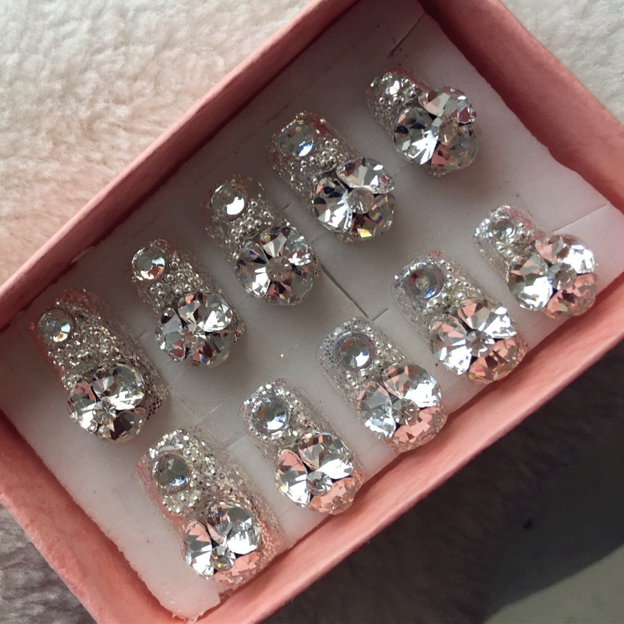 穿戴甲手工定制假指甲成品美甲成品新娘甲穿戴随时摘戴银立体钻