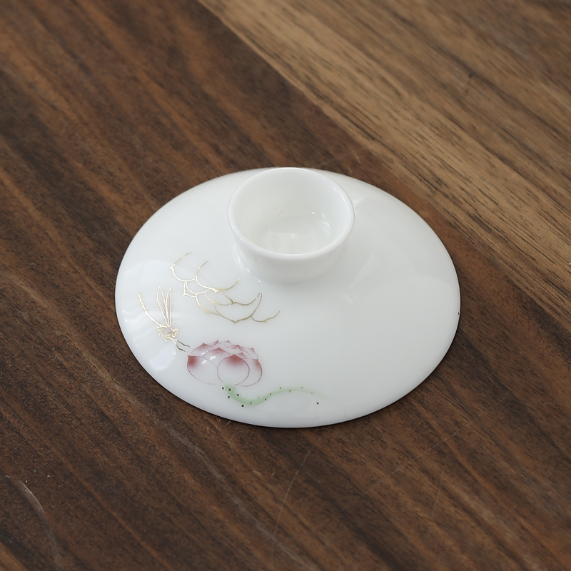 蜻蜓点荷盖碗单盖子6cm-10cm各尺寸羊脂玉白瓷泡茶杯泡茶碗盖子