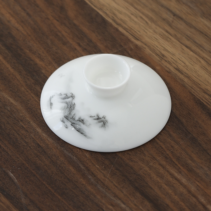 水墨山水盖碗单盖子6cm-10cm各尺寸羊脂玉白瓷泡茶杯泡茶碗盖子