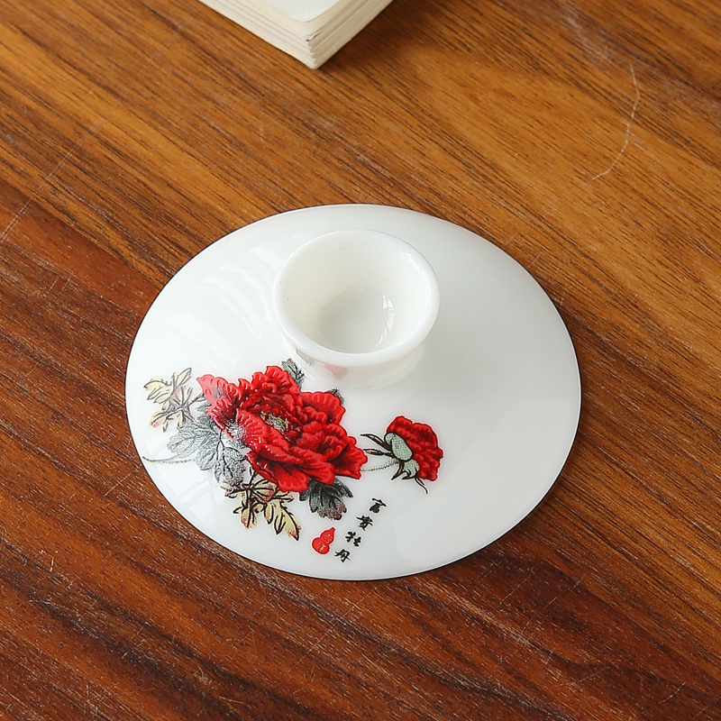 红牡丹盖碗单盖子6cm-10cm各尺寸羊脂玉白瓷泡茶杯泡茶碗盖子单配