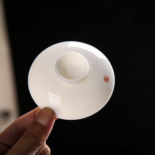 红色印章盖碗盖子羊脂玉白瓷泡茶杯茶碗单盖子白色陶瓷盖子单配