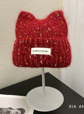 2025新款彩色点点猫耳朵针织帽女冬季保暖毛线帽可爱时尚护耳帽子