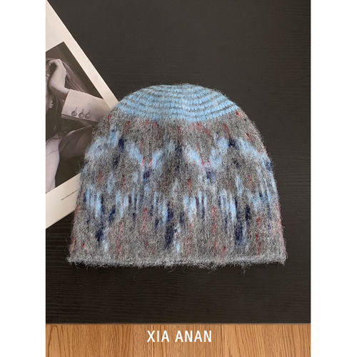 费尔岛提花羊毛混纺毛线帽女秋冬