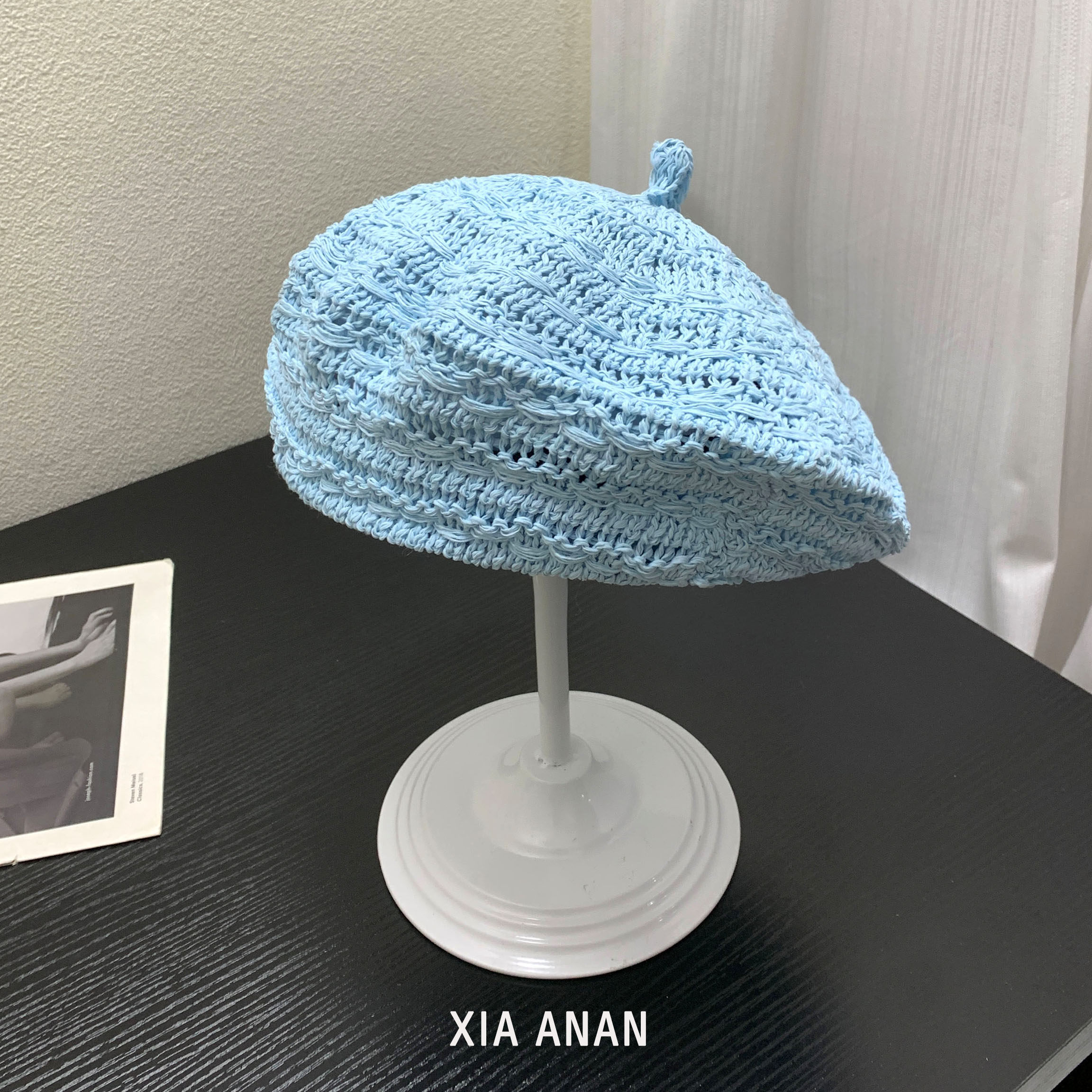 法式夏天蓝色镂空设计草编贝雷帽女夏季透气百搭显脸小编织画家帽
