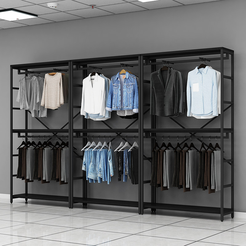 Wrought iron clothing store display rack floor-standing combination store men's and women's clothing shelves children's clothing hangers simple double-layer