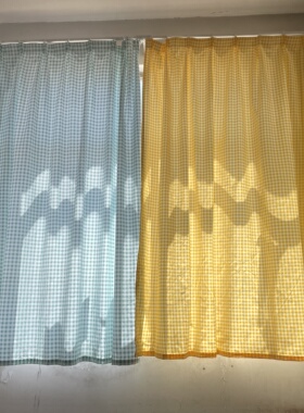 清仓处理布料挂钩打孔款窗帘清新绿格温馨黄格半遮光窗帘出租屋帘