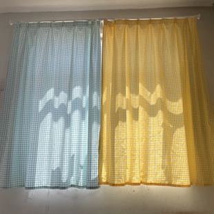 清仓处理布料挂钩打孔款 窗帘清新绿格温馨黄格半遮光窗帘出租屋帘