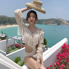 防晒蕾丝仙女渡假拍照游泳衣泳装 泳衣女2019新款 连体三角一件长袖