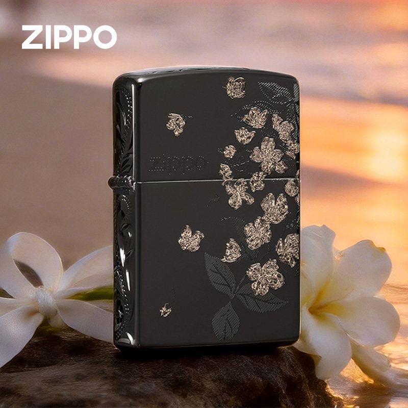 zippo打火机 春绘茉莉黑冰侧面雕刻生日父亲节送男朋友礼物仪式感