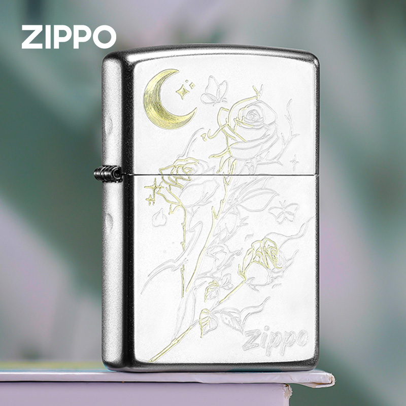 zippo打火机正品玫瑰映月-缎纱镀铬雕刻防风煤油生日礼物送男朋友