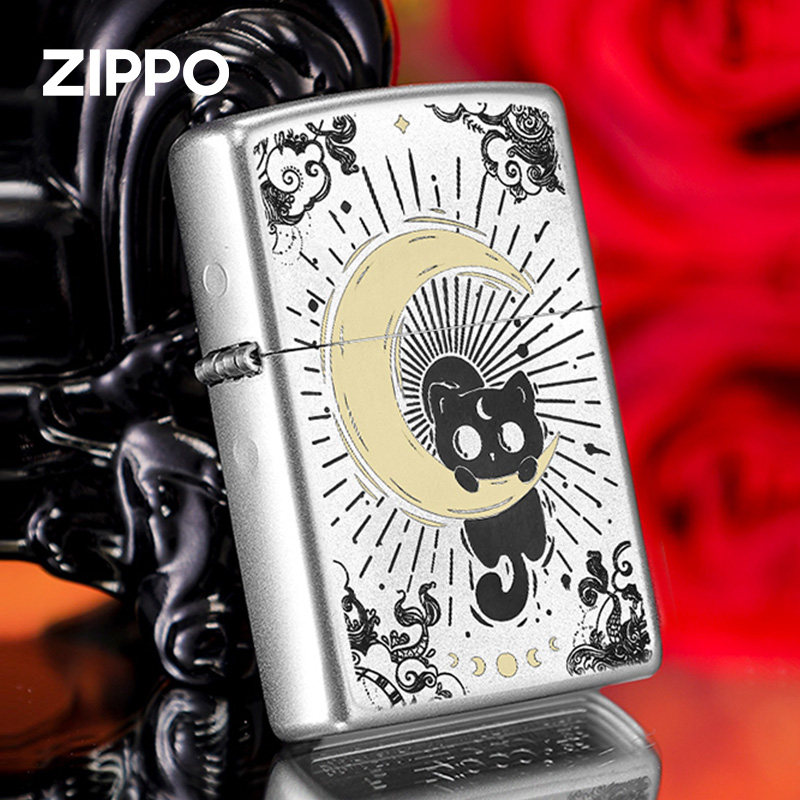 zippo打火机日月同辉 缎纱雕刻可爱猫正品防风煤油生日礼物送男生