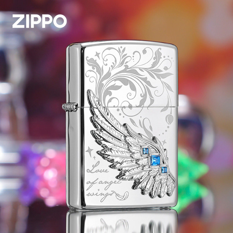zippo热恋之翼打火机蓝钻贴章镜面雕刻防风煤油情人节礼物男朋友