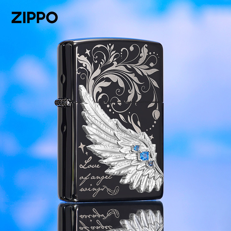 zippo打火机正品新款 黑冰热恋之翼贴章镶钻新年礼物元旦送男朋友