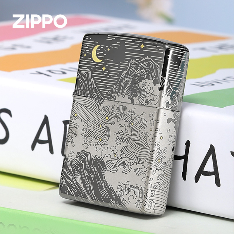 zippo打火机月印山海官方正版防风煤油彩印 镭射送男友礼物情人节