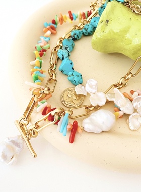 HORASORA 复古淡水珍珠珊瑚绿松石组合项链颈链 HS412