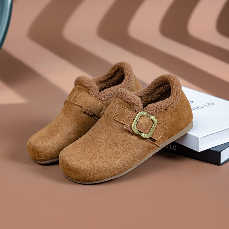 勃肯鞋女冬季加绒2025新款厚底一脚蹬懒人毛毛棉鞋大码女鞋41-43