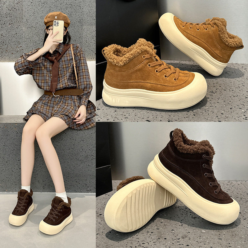 保暖板鞋女2025冬季新款加绒真皮毛毛口东北大棉休闲网红高帮,女鞋,棉鞋,淘宝优惠券,粉丝福利购,淘宝优惠卷