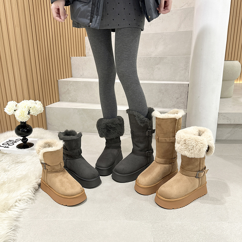 厚底加绒加厚中筒雪地靴女2025新款冬季高筒长筒保暖东北大棉鞋子